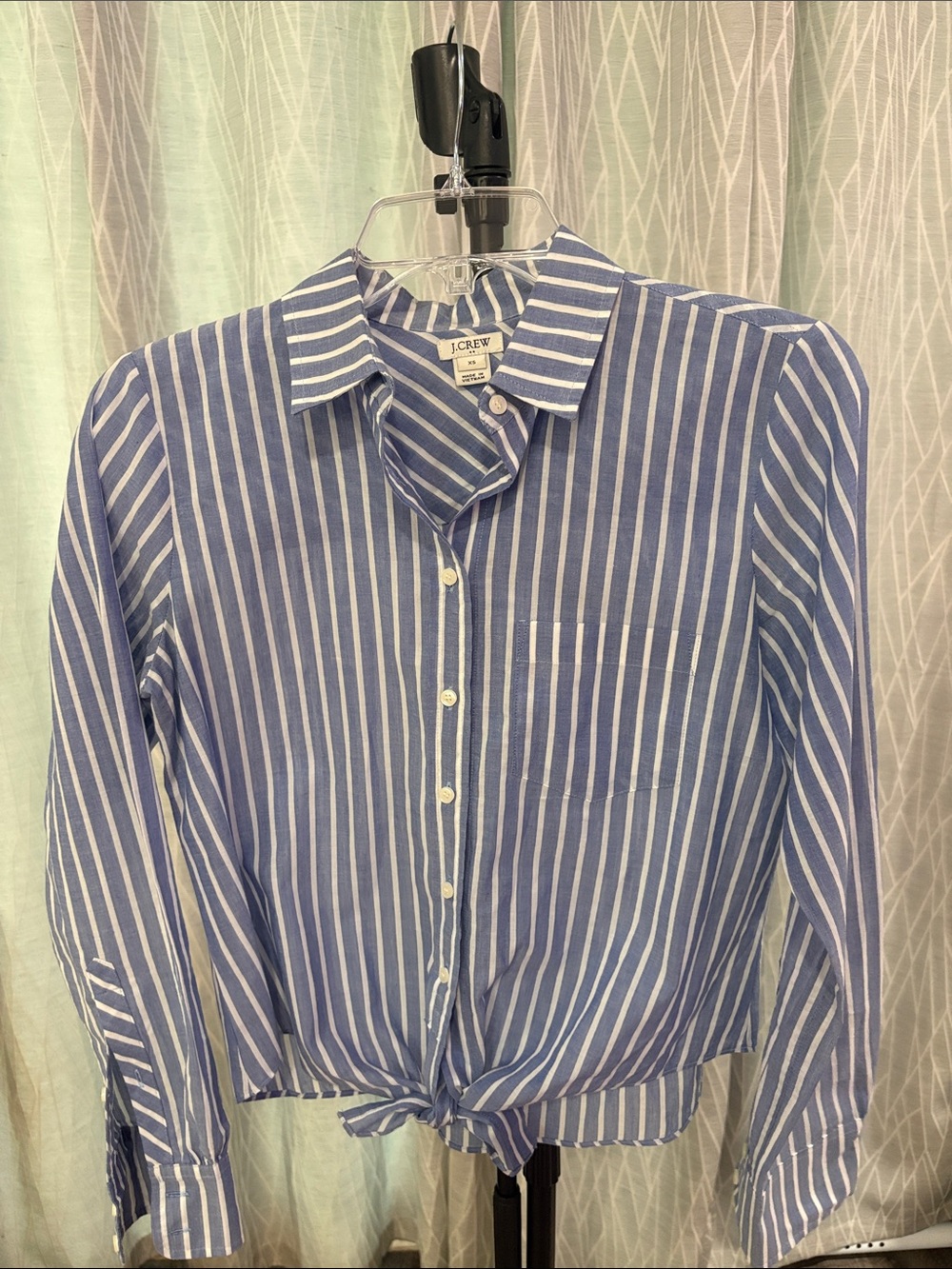 J. Crew Blue and White Vertical Stripe Tie-Front Shirt